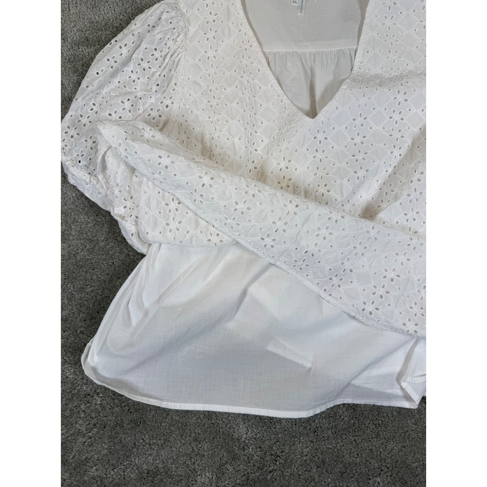 Draper James White Eyelet V-Neck Puff Sleeve Cotton Blouse XL - Picture 5 of 9